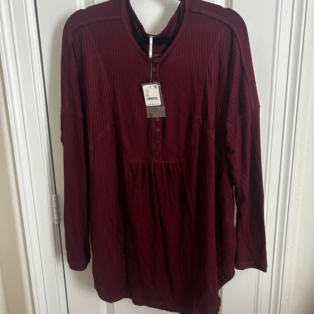 NWT Free People Waffle Henley Top Oversized XL Boho cozycore Burgundy Cottage